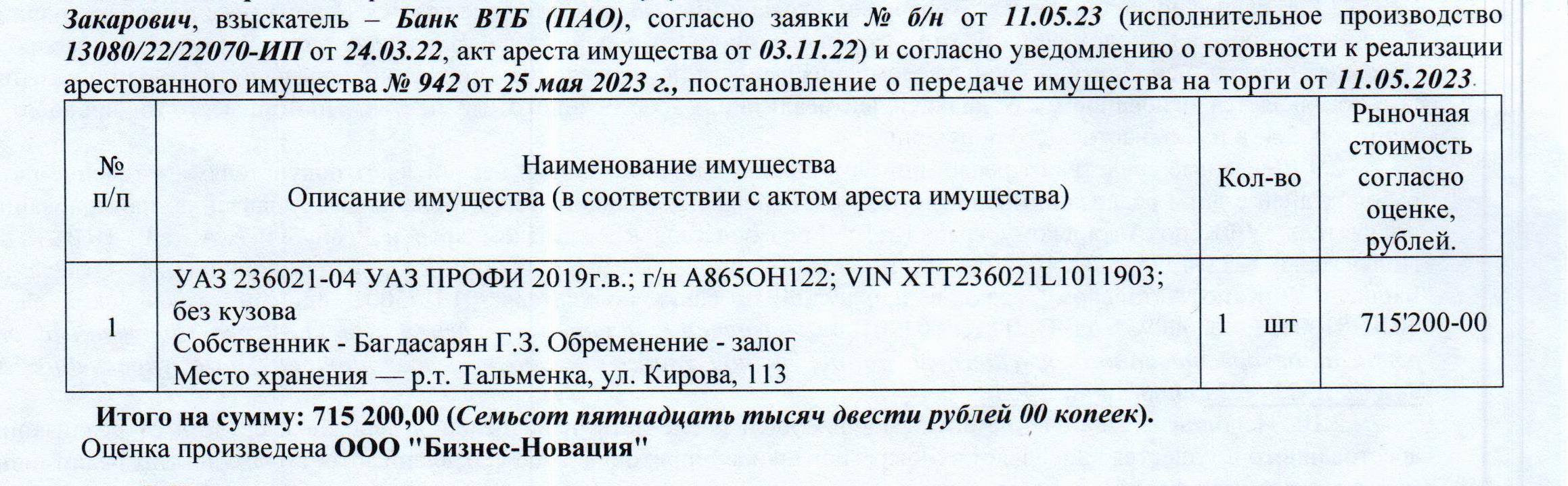 Лот№6 Автомобиль УАЗ 236021-04 УАЗ ПРОФИ, 2019 г.в., г/н А865ОН122, VIN  ХТТ236021L1011903, в нерабочем состоянии, разукомплектован, отсутствуют  кузов, двигатель, АКПП. Начальная цена 715 200 руб. 00 коп. (Багдасарян  Г.З., залог) (942).